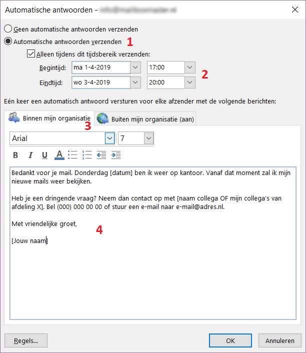 Outlook automatisch antwoord instellen stap 2 - Bericht instellen
