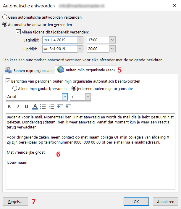 Outlook automatisch antwoord instellen stap 3 - Bericht instellen buiten organisatie