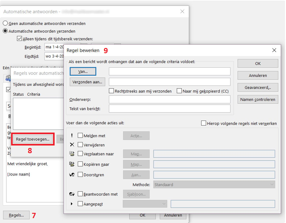 Outlook automatisch antwoord instellen stap 4 - Optioneel regels toevoegen